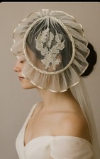 Vintage 1950s 1960s Tulle Lace  Satin Juliet Cap Wedding Veil w/ Pearls Bridal