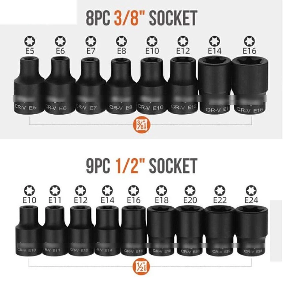 Female Impacted E Torx Star Sockets E5 - E24 3/8" and 1/2" Drive 17pc Set NEW - Image 3 of 4