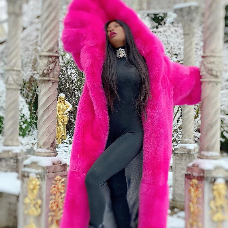 Hot Pink Women Real Fox Fur Coat With Hood Warm Thick Outerwear Winter  Overcoat