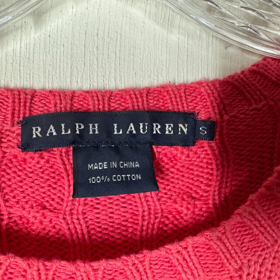 Ralph Lauren毛衣女式小号粉色黄色小马电缆针织标志棉质 — 第 4/4 张图片