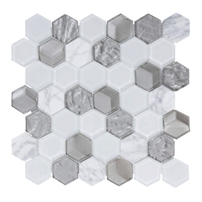 Hexagon White Carrara Marble Stone Metallic Gray Glass Mosaic Tile Backsplash