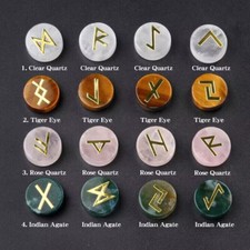 25pcs Natural Engraved Runes Symbol Crystal Quartz Set Round Polished Stone Gift