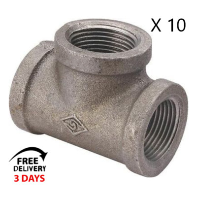 LOT OF (10) 3/4 INCH BLACK MALLEABLE IRON PIPE THREADED TEE FITTINGS PLUMBING