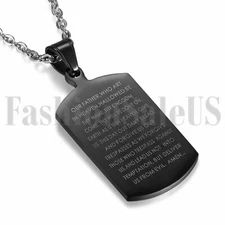 Mens Black Dog Tag Stainless Steel English Bible Verse Pendant Chain Necklace