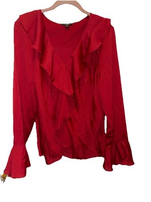 NWT AGB Red V-Neck Blouse With Metallic Threads Size XL