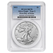 2021 $1 Type 2 American Silver Eagle PCGS MS70 FDOI Blue Label