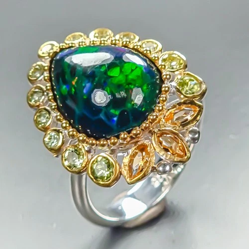 Super Top AAA+ 5 ct+ Natural Black Opal Ring 925 Sterling Silver Size 8 /R464171