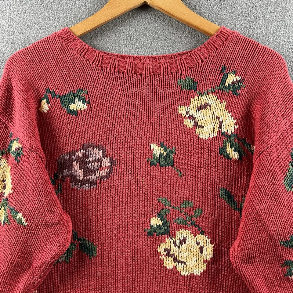 Vintage Eddie Bauer Sweater Women’s Large Red Chunky Knit Floral Cotton 90s - Image 2 of 4