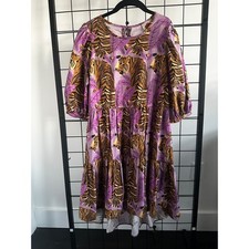 Farm Rio Tiger Jungle Tiered Midi Dress Purple Orange XS Puff Sleeve
