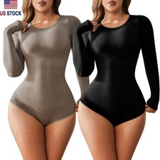 US STOCK Women Long Sleeve Shapewear Tummy Control Bodysuit Full Body Shaper Top