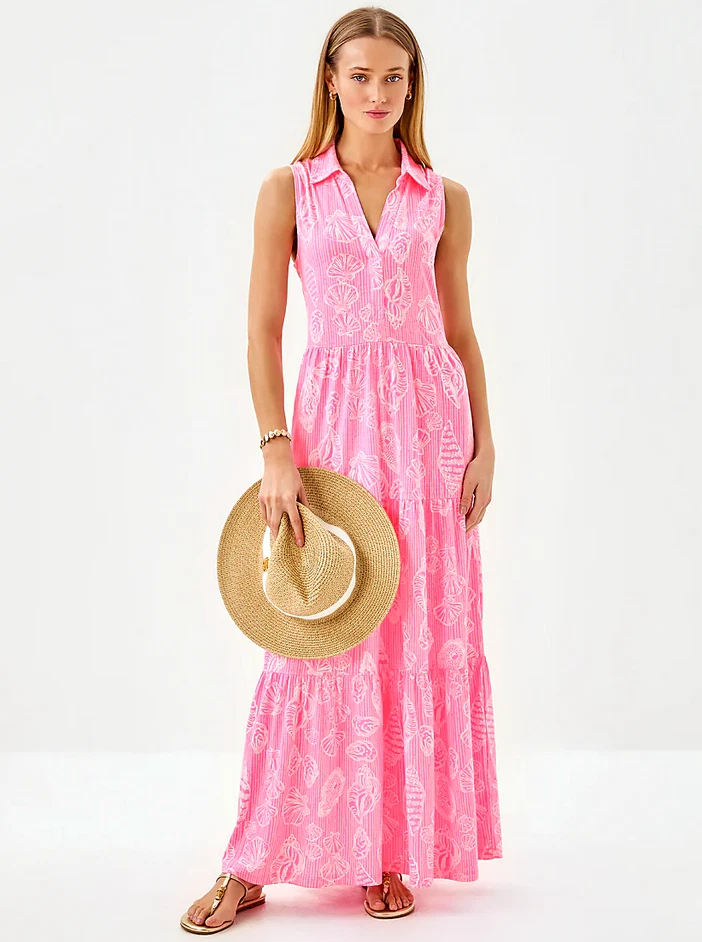 lilly pulitzer she she shells maxi dress So Lilly. So classic. So perfect for summer. , The Ariella Linen Maxi in Conch Shell Pink features beautiful contrasting green Lilly lace detailsmaking it a true standout of the season!, Come see