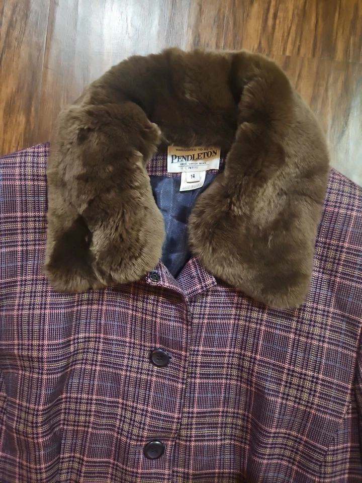 Traje De Colección Pendleton Para Mujer Púrpura A Cuadros 100% Lana Piel De Conejo Cuello Talla 14 Foto 3 de 4