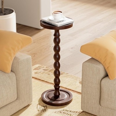 Rubber Wood Round Side Table, Solid Small 9.4''W x 23.8''H, Dark Walnut 