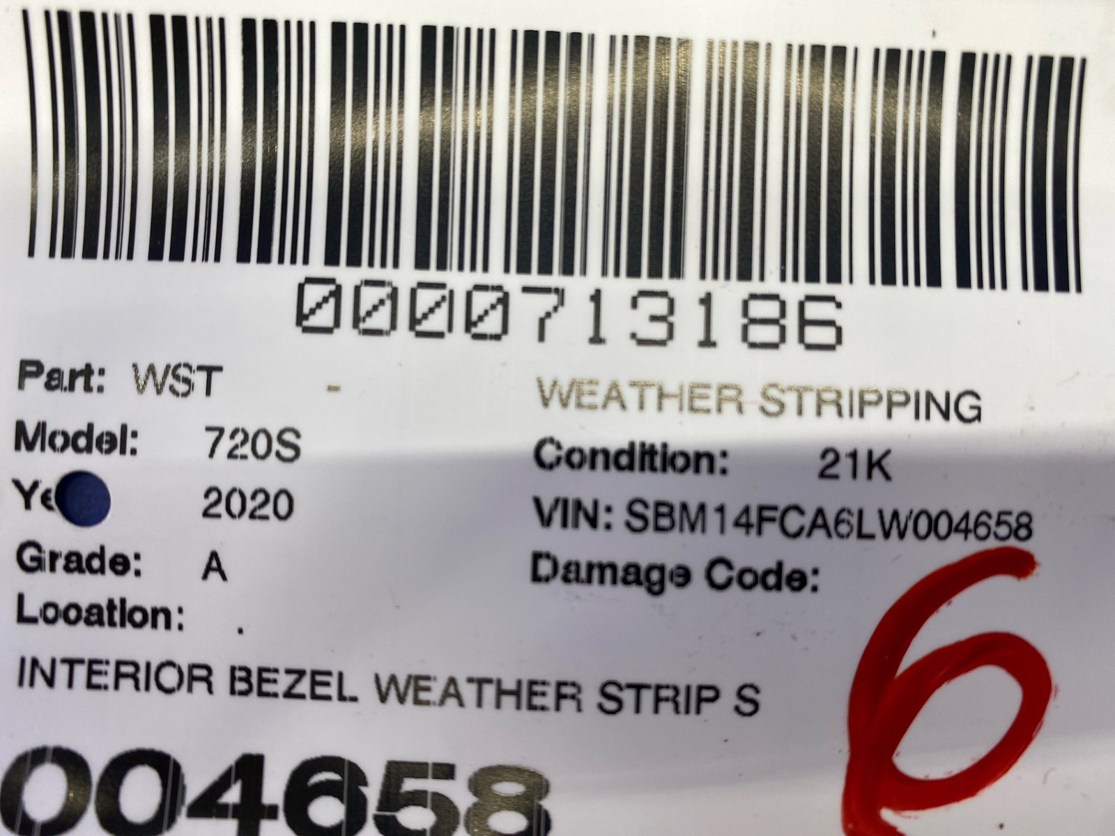 2018-2023 MCLAREN 720S INTERIOR BEZEL WEATHER STRIP STRIPPING SEAL RUBBER OEM