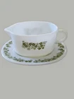 Pyrex Corning Gravy Boat 77-B & Plate 77-U Spring Blossom Crazy Daisy Dark Green