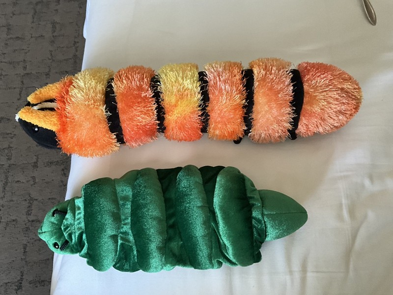 Retired Folkmanis Caterpillar 17 Inch Puppets, Orange, Black & Emerald Green