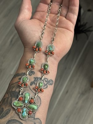 STERLING SILVER SONORAN GOLD TURQUOISE & CORAL CLUSTER DROP LARIAT NECKLACE .925