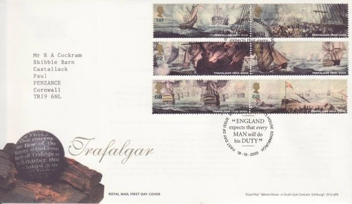 GB Stamps First Day Cover Battle of Trafalgar, Sea, Nelson, Navy, ship SHS 2005