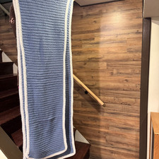 Set Of 2 Hand Crocheted Blue  White Baby Blankets Handmade Knit Throws 20x60