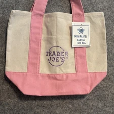Trader Joe's Mini Canvas Tote Bag Pink White Shopper Handbag Reusable Shoppin