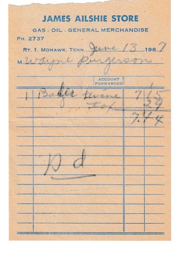 VINTAGE MOHAWK TENN TN JAMES AILSHIE STORE GENERAL MERCHANDISE 1967 RECEIPT