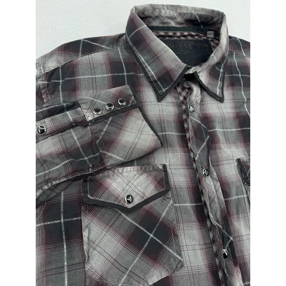 Camisa de hombre Guess a cuadros occidental con botones a presión negra a cuadros manga larga grunge
