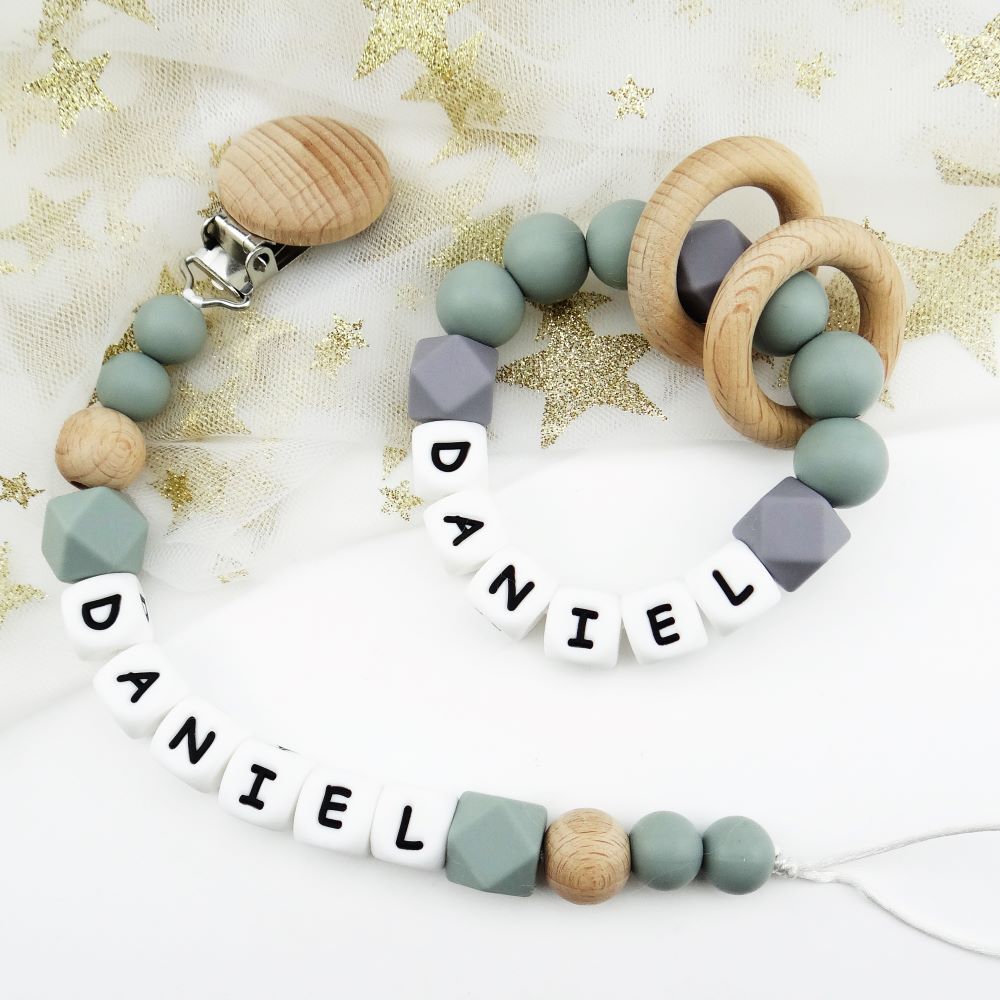 Juego de 2 clips ficticios con nombre personalizados + anillo de dentición de silicona masticable bebé nuevo