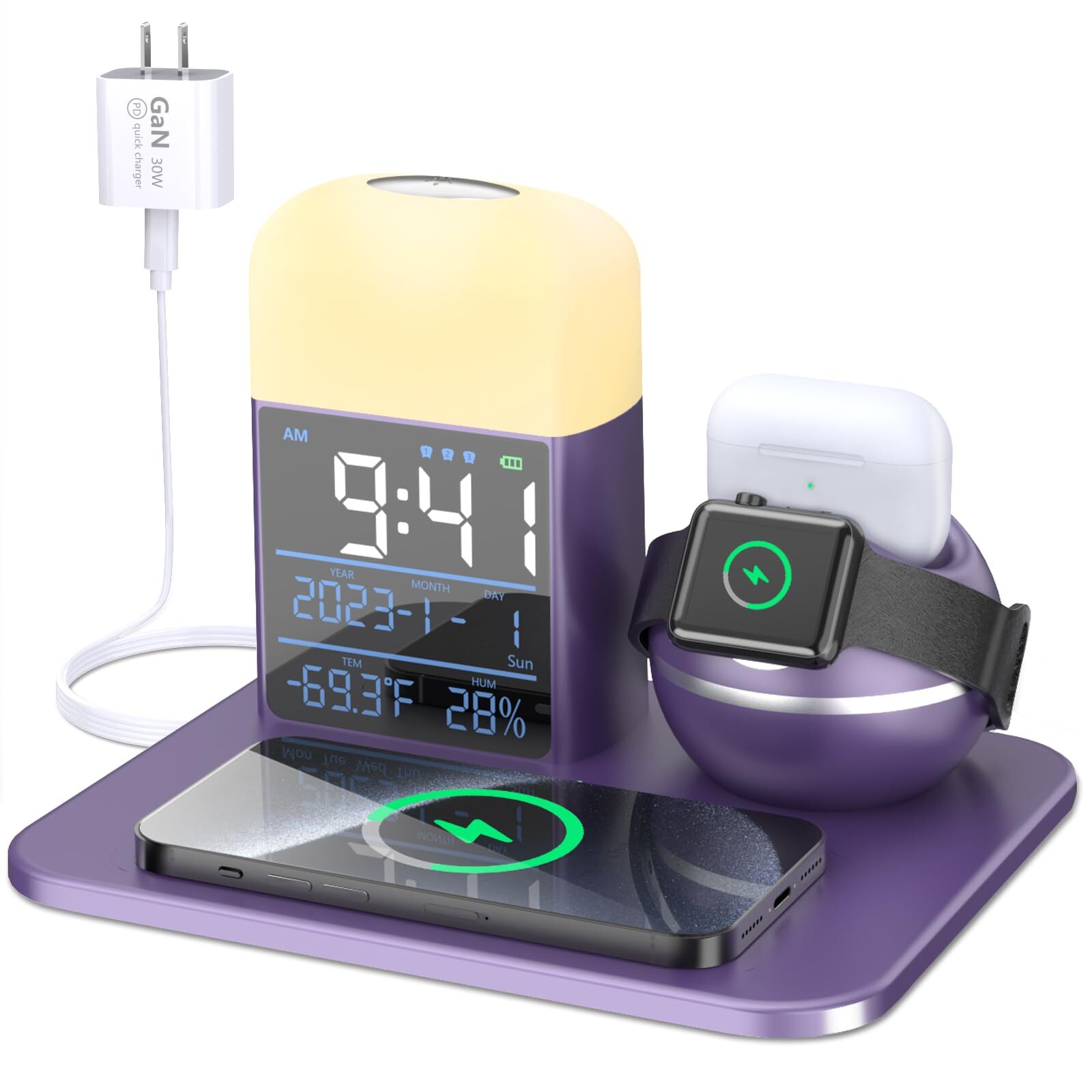 Wireless Charger iPhone Charging Station Night Light and Alarm Clock 3 in 1,C...