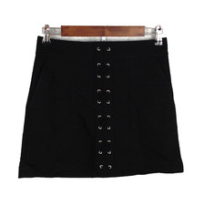 EXPRESS women mini skirt 2 shoelace accent solid black stretch back zip