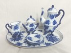 Mini Floral Blue Tea Set Footed Pieces Tray, Creamer, Sugar, Tea Pot, No Cups