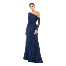 Mac Duggal Navy Blue Beaded One-Shoulder Long Sleeve Lace A-Line Go Size 14 $538