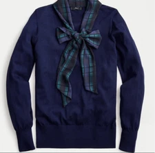 J. Crew Merino Wool Navy Blue Mockneck Sweater Tartan Scarf Tie Women’s Size XXS