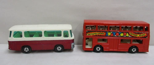 2 Vintage Matchbox Buses #12 Setra Coach 1970 #17 The Londoner 1972 Toy Cars