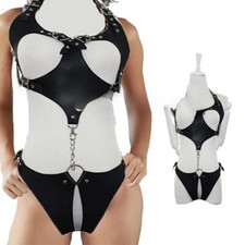 PU Leather Goth Lingerie Harness Cage Bra Cupless Body Corset Bra Panty