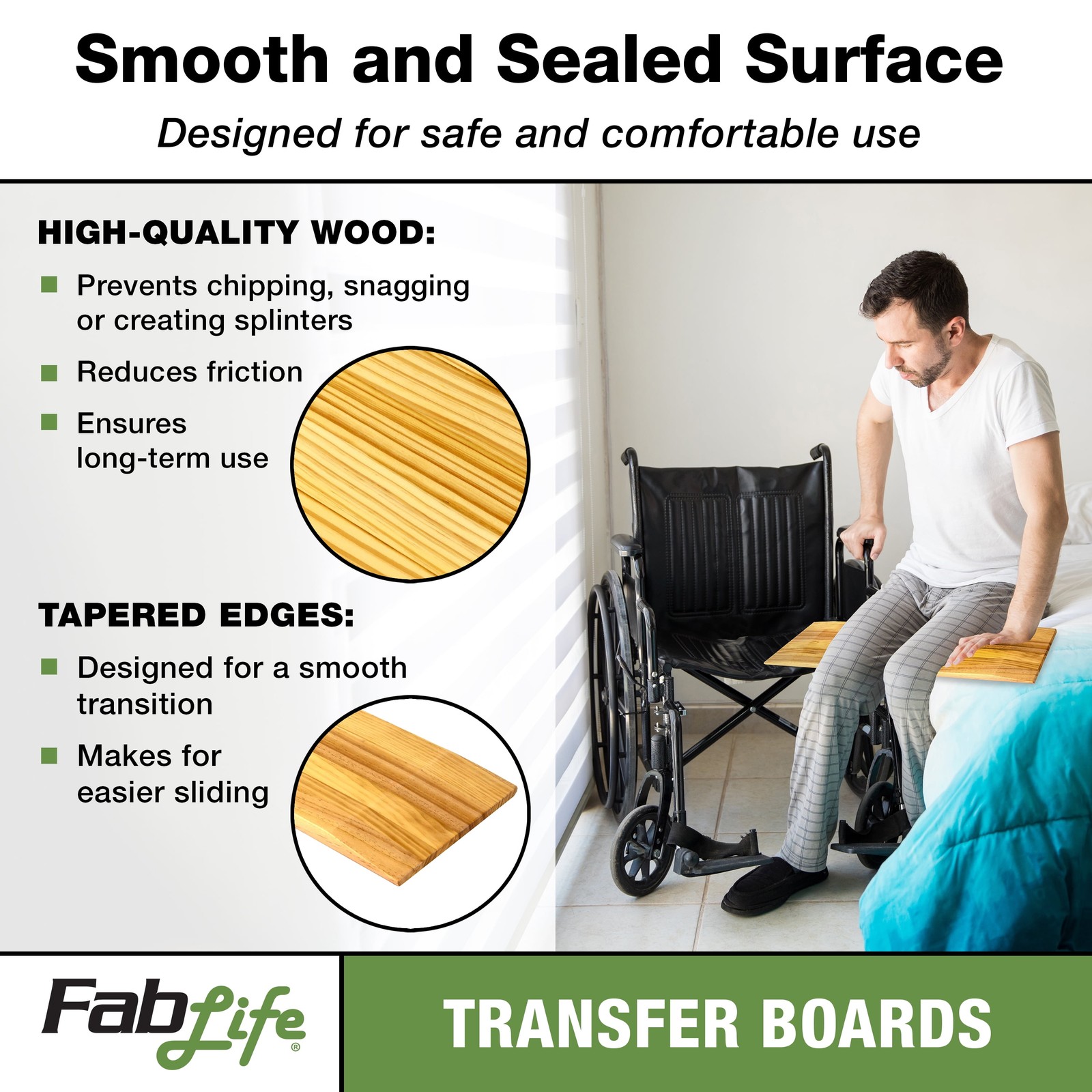 FabLife Deluxe Hardwood Transfer Board for Easy Patient Transfer