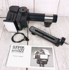 TESTED - Sunpak Auto 522 Handle Mount Camera Flash w/ Bracket, Sync Cord - WORKS