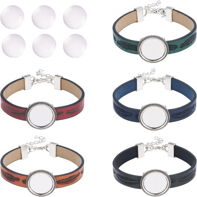 5Pcs PU Leather Cord Bracelet with Glass Cabochons for Jewelry Making - 23Mm Rou