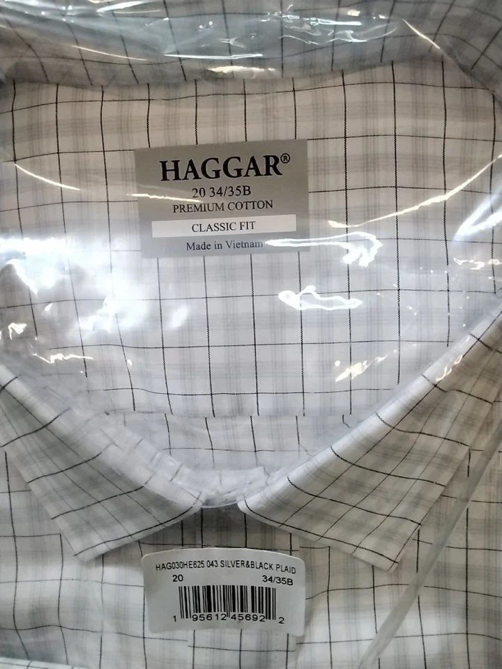 Camisa Haggar Para Hombre 20 34/35B Calce Clásico Algodón Premium Cuadros Blanca Negra NUEVA Foto 2 de 3