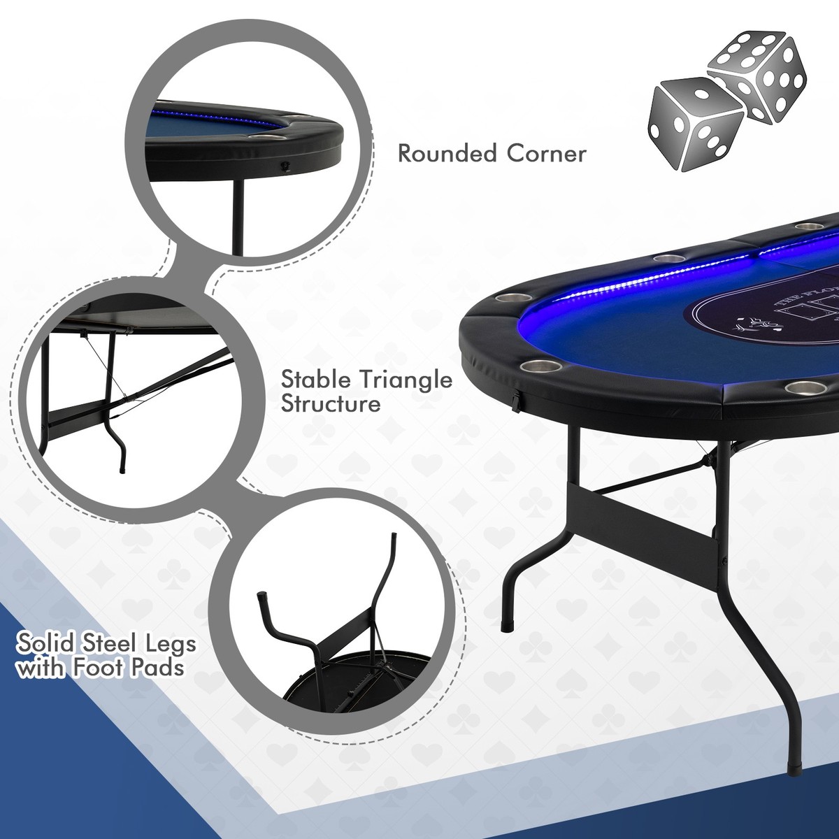 Foldable 10 Player Poker Table Casino Texas Holdem W/ LED