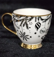 Gold & White Christmas ORNAMENTS Teacup Mug 4" Metallic Pinkmas Monterey Coffee