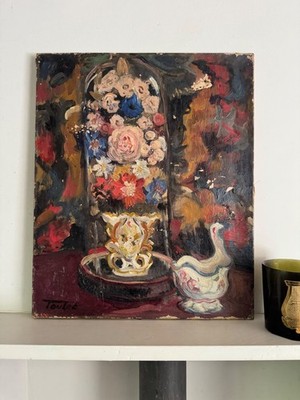 Vintage Öl auf Leinwand Französisches Stillleben Glaskuppel & Blumen Signiert Toulet