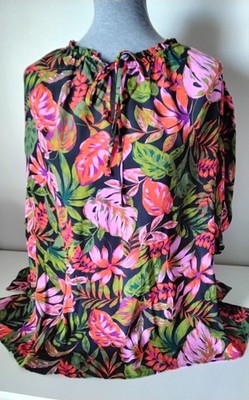 Terra Sky Woman's Size 2X Pull Over Pink Tropical Leaf Print SS Top
