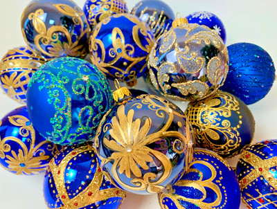 Set of 10 Blue Gold Glass Christmas Ornaments Handmade Holiday Tree Baubles