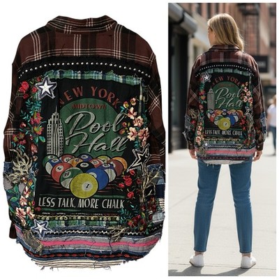 Upcycled Flannel Jacket Shacket Mens 2XLT Pool Hall Embroidered Festival OOAK