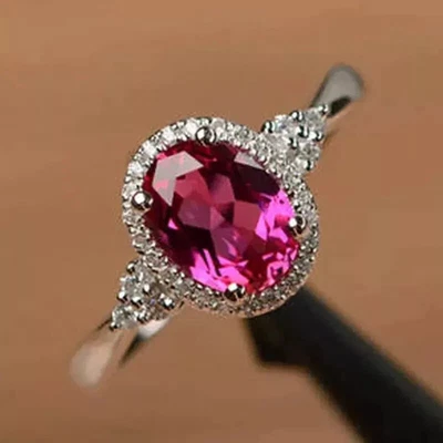 Bague diamant saphir rose naturel taille ovale 3,35 ct or blanc massif 14 carats - Photo 1/4