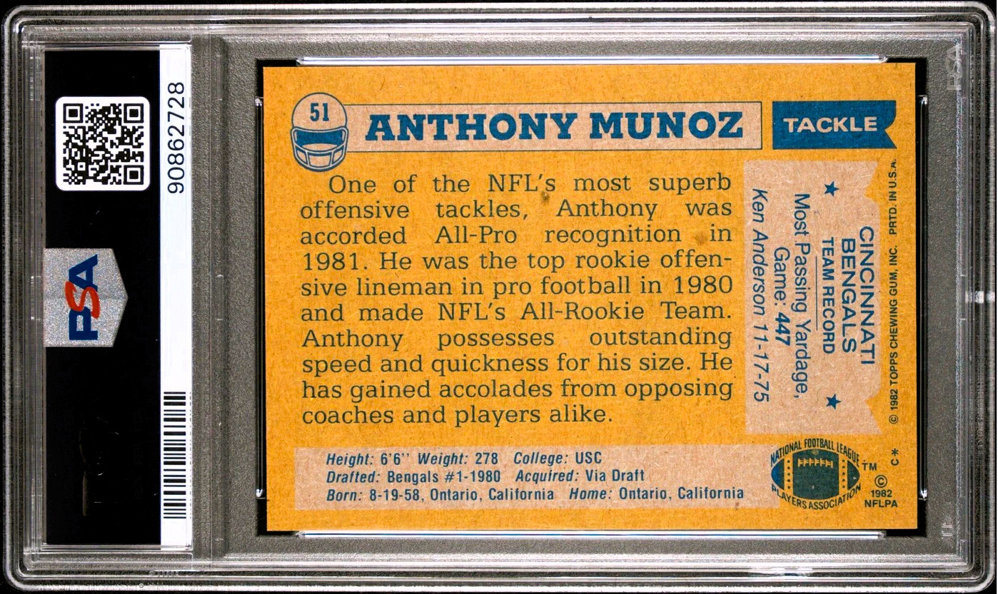 Anthony Munoz Signed 1982 Topps #51 HOF Cincinnati Bengals RC PSA 8 DNA AUTO 10 view 3