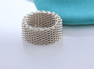 Size 12 Tiffany & Co Somerset Sterling Silver Mesh Link Band Ring & Pouch Rare