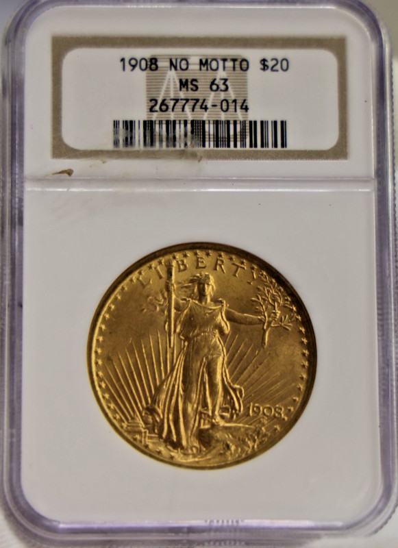 1908 No Motto US $20 Saint Gaudens Gold Piece Double Eagle NGC MS63.
