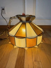 Vintage Stained Glass Hanging Lamp Amber, Beige, Slag Glass 9 Ft Chain 15.5x11"