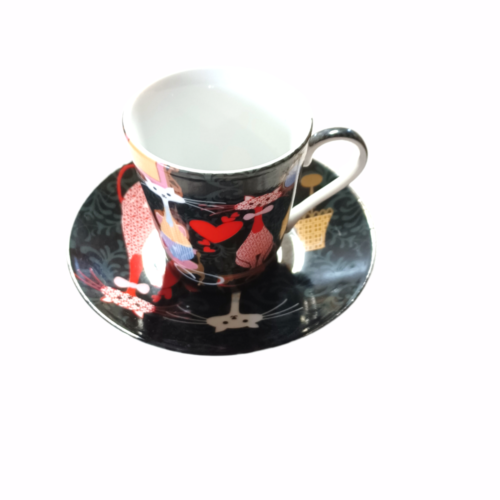 "Lovely Cat " French Porcelain Demitasse Cup and Saucer Hearts Cats Valentine - Afbeelding 1 van 9
